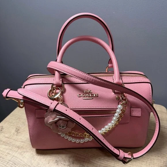 Coach Pink Rowan Satchel with Floral and Pearl Chain - Picture 5 of 7